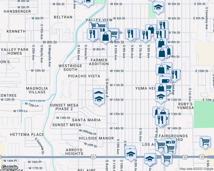 map of restaurants, bars, coffee shops, grocery stores, and more near 1099 West 11th Street in Yuma