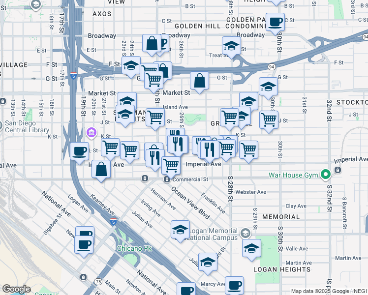 map of restaurants, bars, coffee shops, grocery stores, and more near 205 26th Street in San Diego