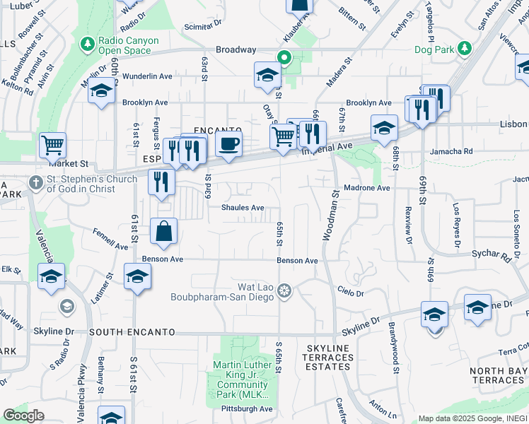 map of restaurants, bars, coffee shops, grocery stores, and more near 6433 Shaules Avenue in San Diego
