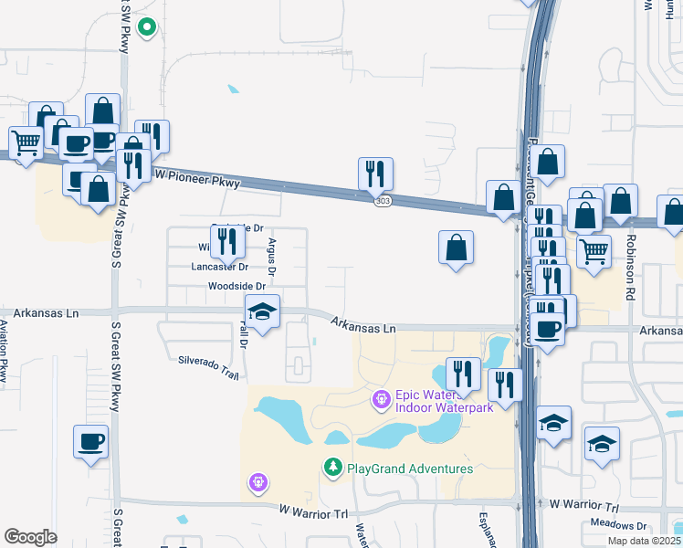 map of restaurants, bars, coffee shops, grocery stores, and more near 2113 Ellis Court in Grand Prairie