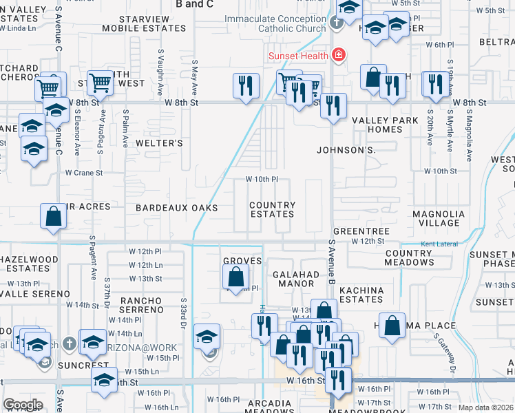 map of restaurants, bars, coffee shops, grocery stores, and more near 1001-1199 S Appaloosa Ave in Yuma