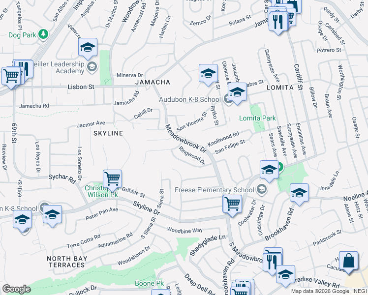 map of restaurants, bars, coffee shops, grocery stores, and more near 459 Ringwood Drive in San Diego