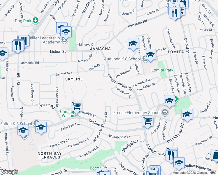 map of restaurants, bars, coffee shops, grocery stores, and more near 7516 Black Oak Road in San Diego