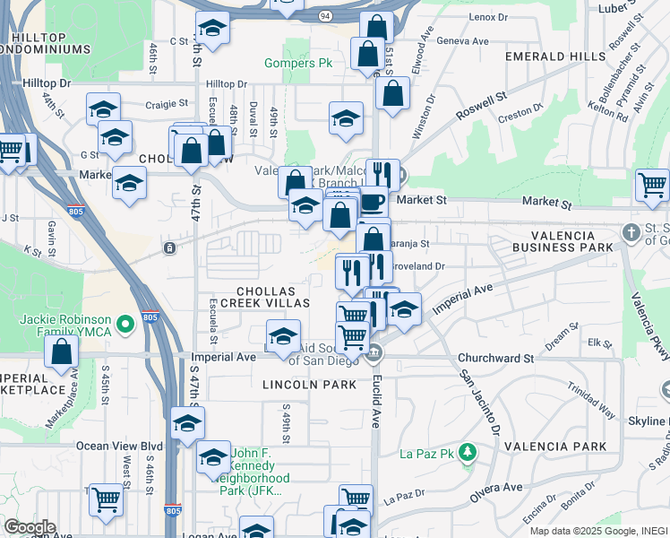 map of restaurants, bars, coffee shops, grocery stores, and more near 333 Willie James Jones Avenue in San Diego