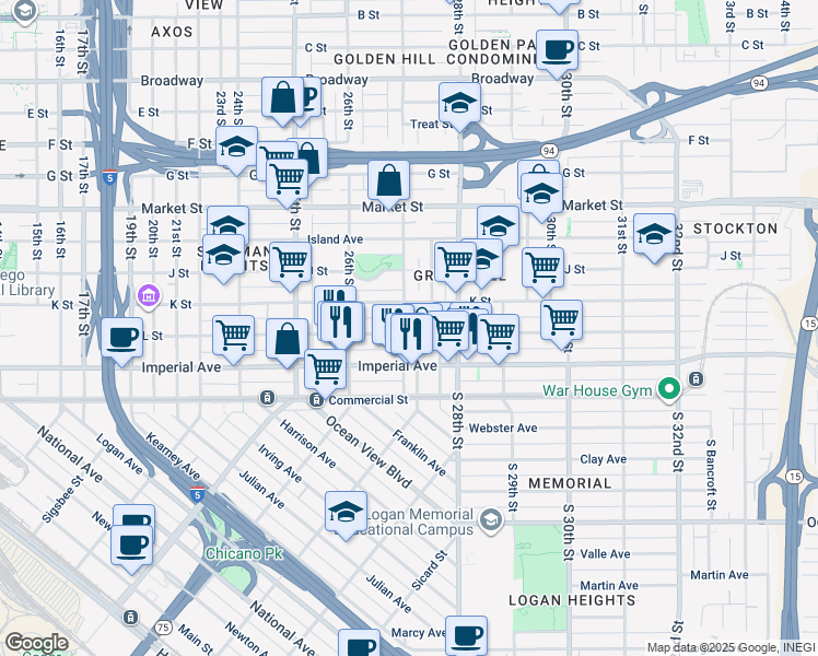 map of restaurants, bars, coffee shops, grocery stores, and more near 2672 L Street in San Diego