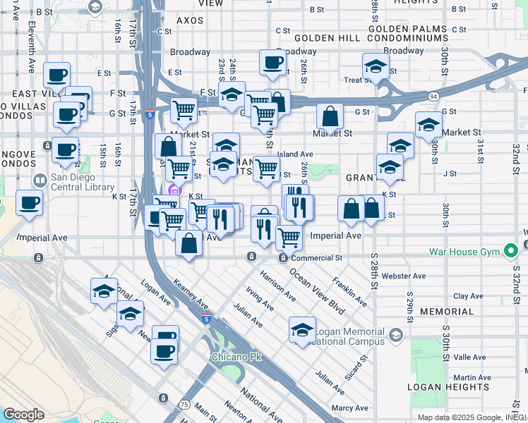 map of restaurants, bars, coffee shops, grocery stores, and more near 2464 L Street in San Diego