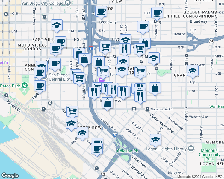 map of restaurants, bars, coffee shops, grocery stores, and more near 2144 L Street in San Diego