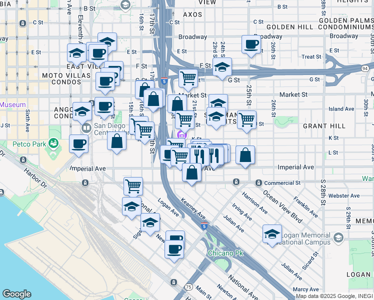 map of restaurants, bars, coffee shops, grocery stores, and more near 2004-10 L Street in San Diego