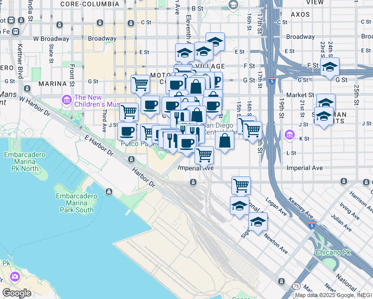 map of restaurants, bars, coffee shops, grocery stores, and more near 211 Park Boulevard in San Diego