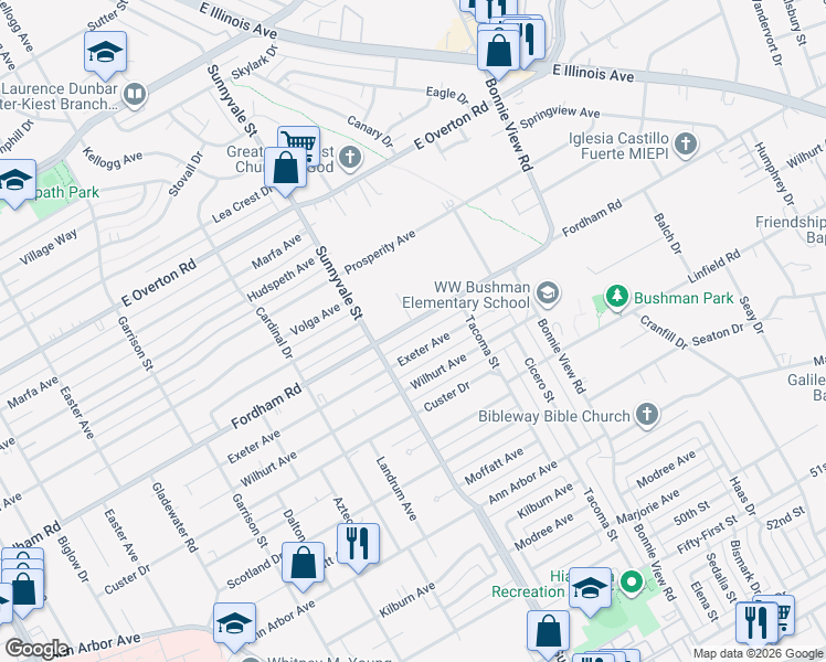 map of restaurants, bars, coffee shops, grocery stores, and more near 2722 Fordham Road in Dallas