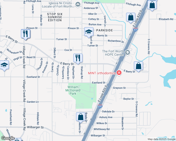 map of restaurants, bars, coffee shops, grocery stores, and more near 3829 Stalcup Road in Fort Worth
