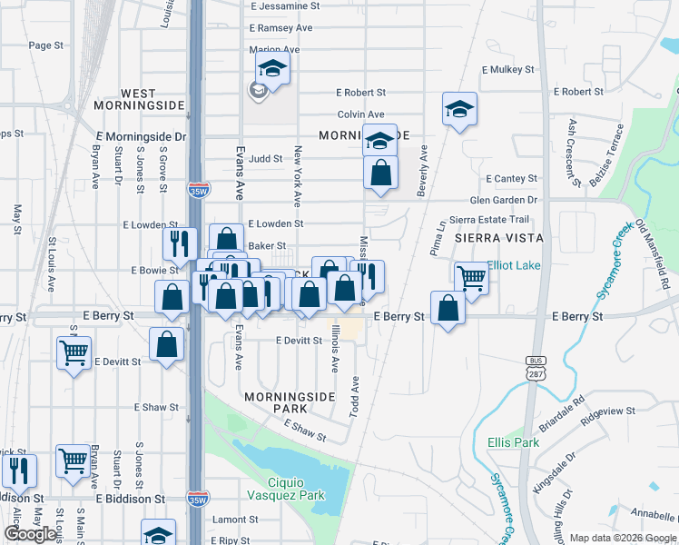 map of restaurants, bars, coffee shops, grocery stores, and more near 1100 East Bowie Street in Fort Worth