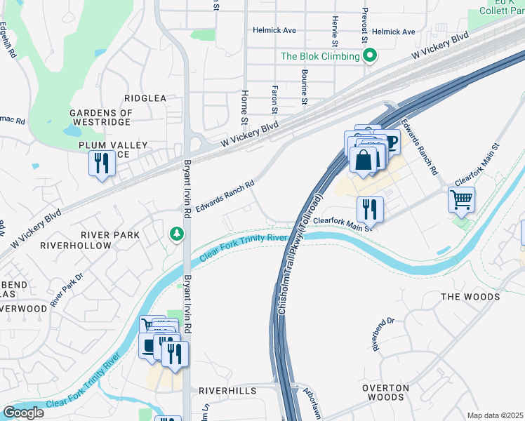 map of restaurants, bars, coffee shops, grocery stores, and more near 5651 Clearfork Main Street in Fort Worth