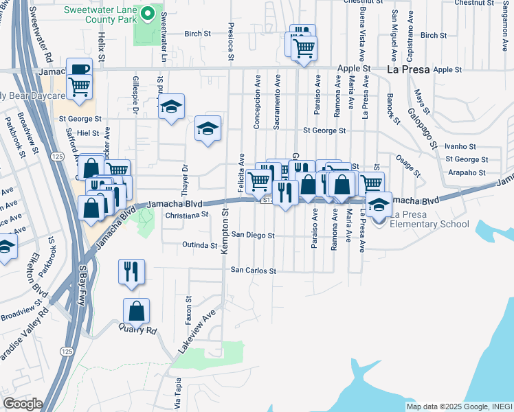 map of restaurants, bars, coffee shops, grocery stores, and more near 9305 Jamacha Boulevard in Spring Valley