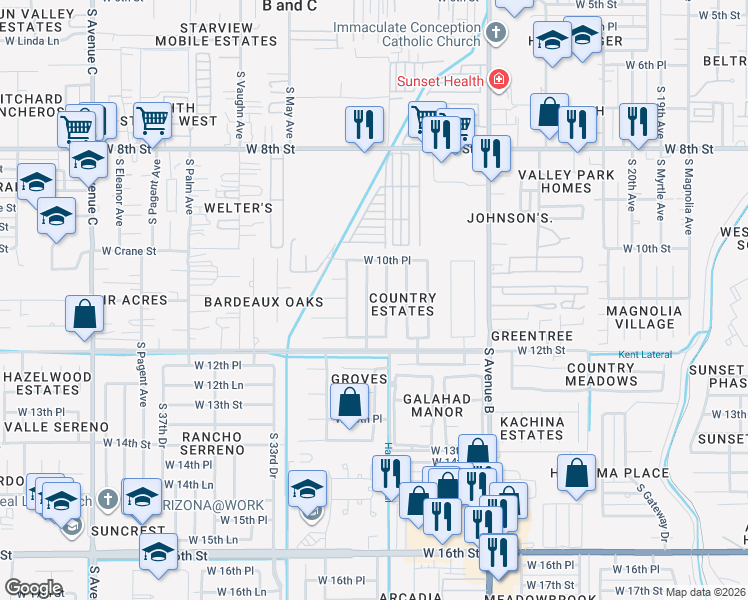 map of restaurants, bars, coffee shops, grocery stores, and more near 1001-1199 S Appaloosa Ave in Yuma