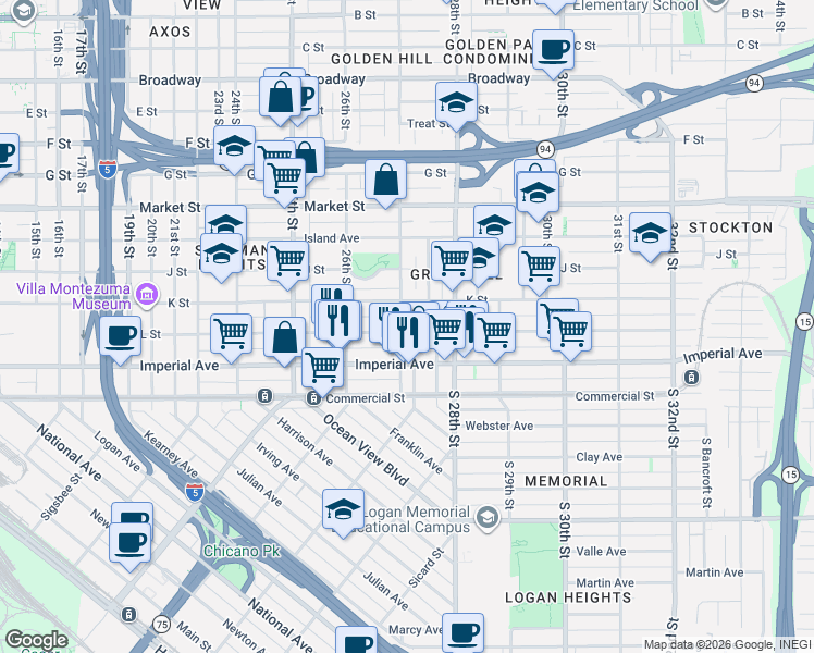 map of restaurants, bars, coffee shops, grocery stores, and more near 2672 L Street in San Diego