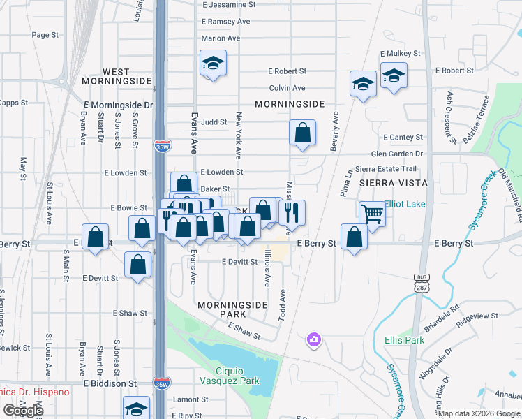 map of restaurants, bars, coffee shops, grocery stores, and more near 1100 East Bowie Street in Fort Worth