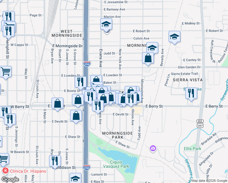 map of restaurants, bars, coffee shops, grocery stores, and more near 928 East Bowie Street in Fort Worth
