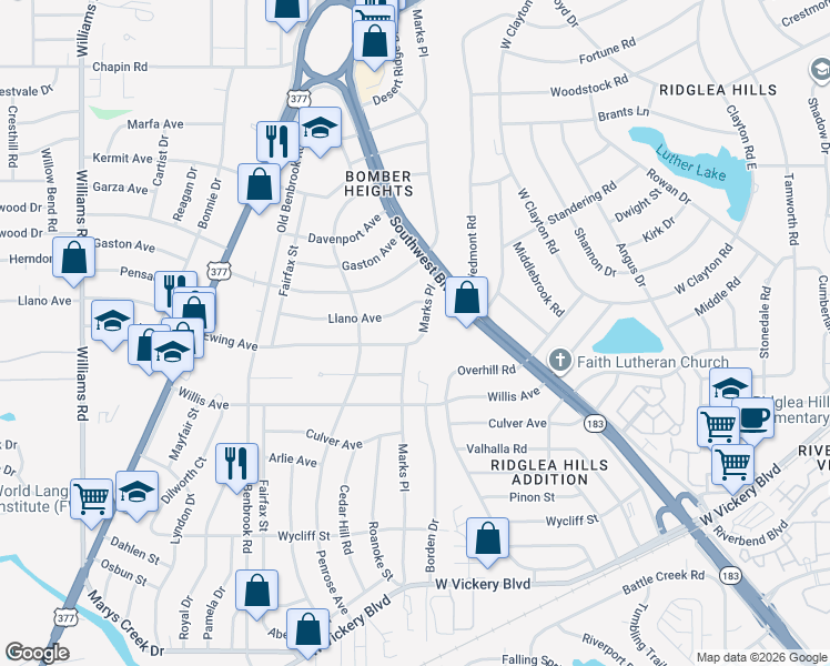 map of restaurants, bars, coffee shops, grocery stores, and more near 4432 Marks Place in Fort Worth