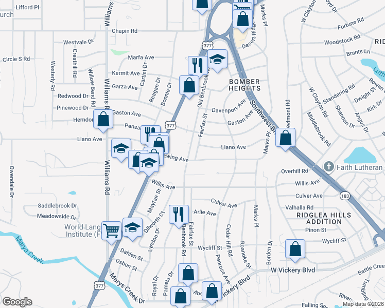 map of restaurants, bars, coffee shops, grocery stores, and more near 4416 Fairfax Street in Fort Worth