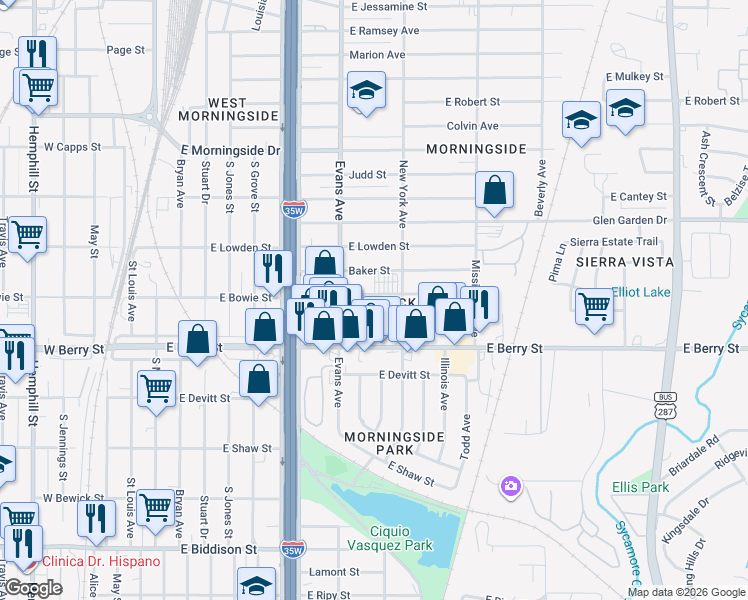 map of restaurants, bars, coffee shops, grocery stores, and more near 928 East Bowie Street in Fort Worth