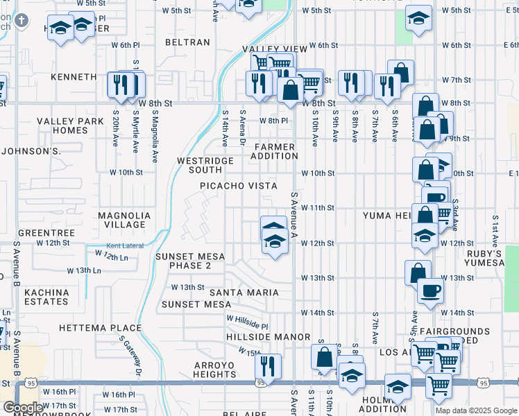 map of restaurants, bars, coffee shops, grocery stores, and more near 1301 West 11th Street in Yuma