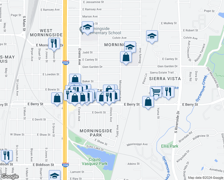 map of restaurants, bars, coffee shops, grocery stores, and more near 1100 East Bowie Street in Fort Worth