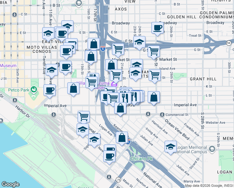 map of restaurants, bars, coffee shops, grocery stores, and more near 2004-10 L Street in San Diego