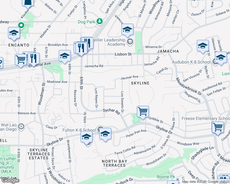map of restaurants, bars, coffee shops, grocery stores, and more near 7085 Madrone Avenue in San Diego