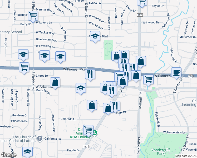 map of restaurants, bars, coffee shops, grocery stores, and more near 1140 West Pioneer Parkway in Arlington