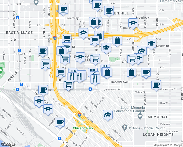 map of restaurants, bars, coffee shops, grocery stores, and more near 2460 L Street in San Diego