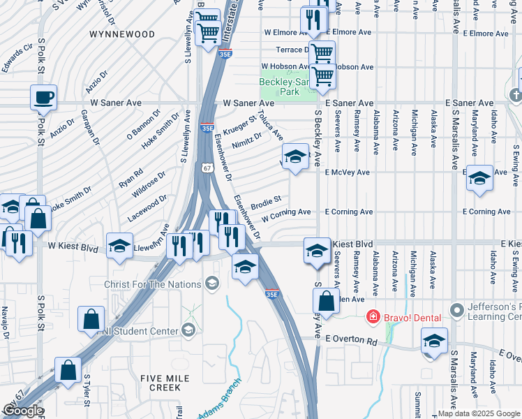 map of restaurants, bars, coffee shops, grocery stores, and more near 302 Brodie Street in Dallas