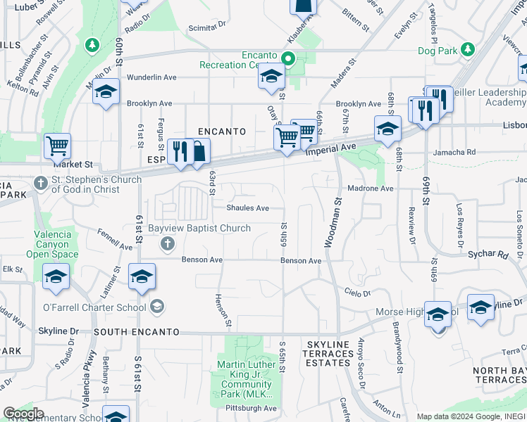 map of restaurants, bars, coffee shops, grocery stores, and more near 6425 Shaules Avenue in San Diego
