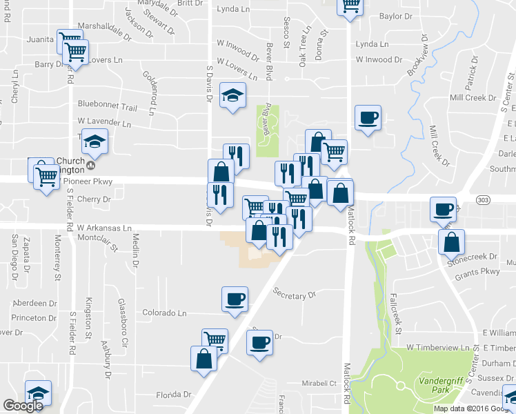 map of restaurants, bars, coffee shops, grocery stores, and more near 1032 W Pioneer Pkwy in Arlington