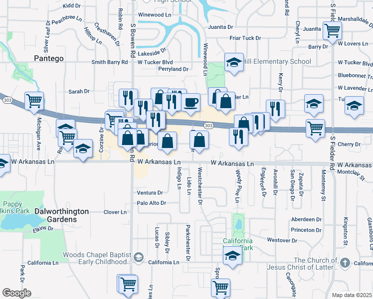 map of restaurants, bars, coffee shops, grocery stores, and more near 2220 Duluth Drive in Pantego