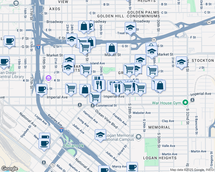 map of restaurants, bars, coffee shops, grocery stores, and more near 2672 L Street in San Diego