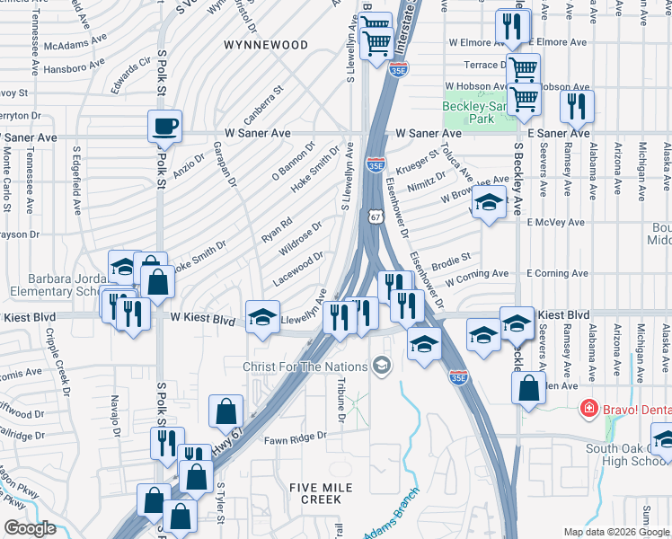 map of restaurants, bars, coffee shops, grocery stores, and more near 3114 South Llewellyn Avenue in Dallas