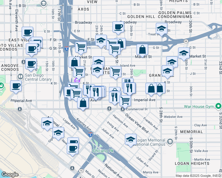 map of restaurants, bars, coffee shops, grocery stores, and more near 2460 L Street in San Diego