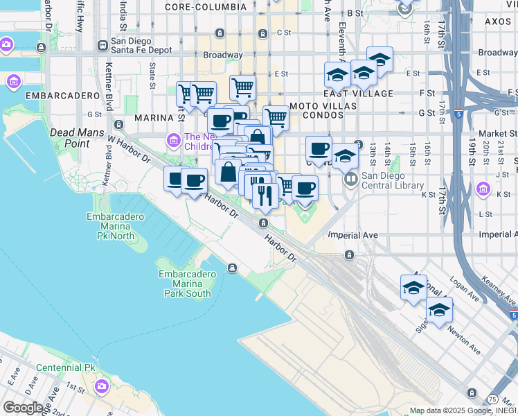 map of restaurants, bars, coffee shops, grocery stores, and more near 207 Fifth Avenue in San Diego