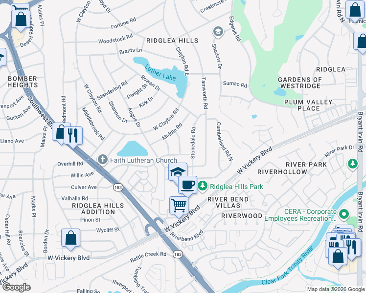 map of restaurants, bars, coffee shops, grocery stores, and more near 6800 Chickering Road in Fort Worth