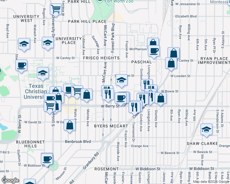 map of restaurants, bars, coffee shops, grocery stores, and more near 3001 Forest Park Boulevard in Fort Worth