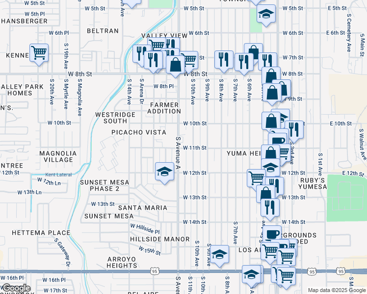 map of restaurants, bars, coffee shops, grocery stores, and more near 1051-1099 W 11th St in Yuma