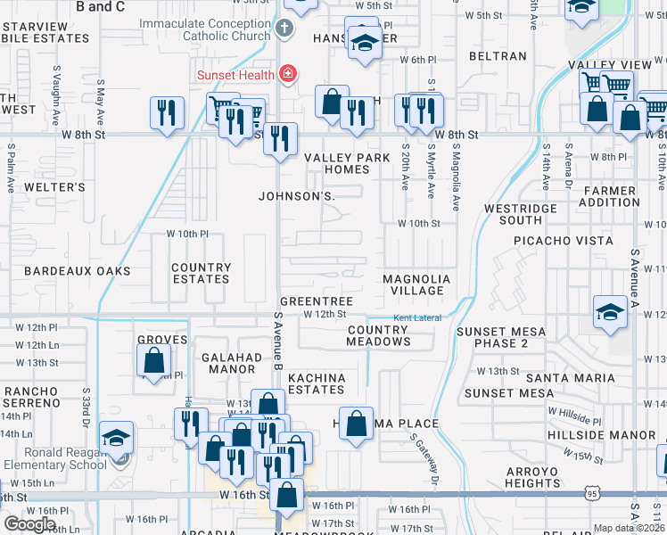 map of restaurants, bars, coffee shops, grocery stores, and more near 2300-2498 W Greentree Dr in Yuma