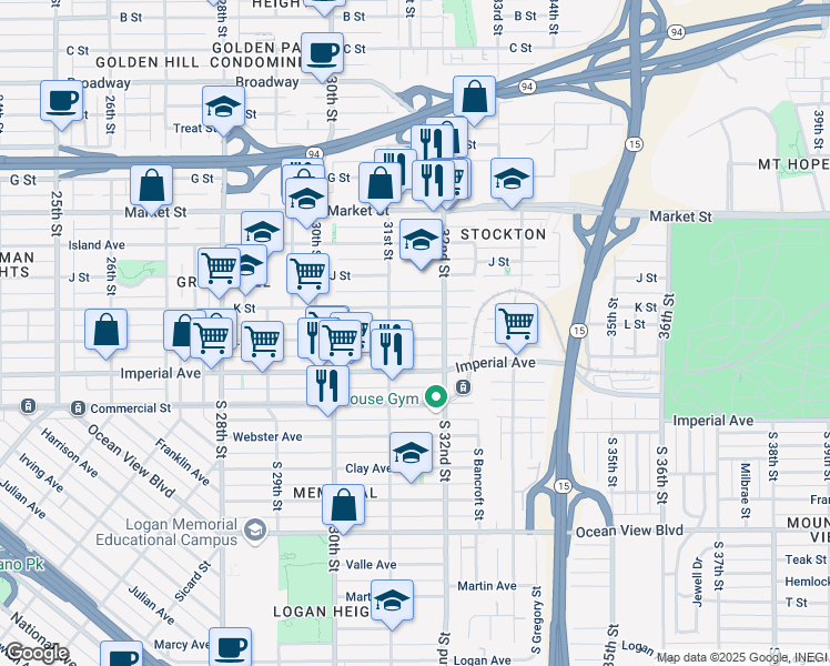 map of restaurants, bars, coffee shops, grocery stores, and more near 3149 L Street in San Diego