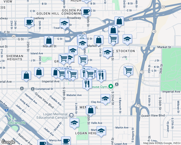 map of restaurants, bars, coffee shops, grocery stores, and more near 3023 1/2 L Street in San Diego