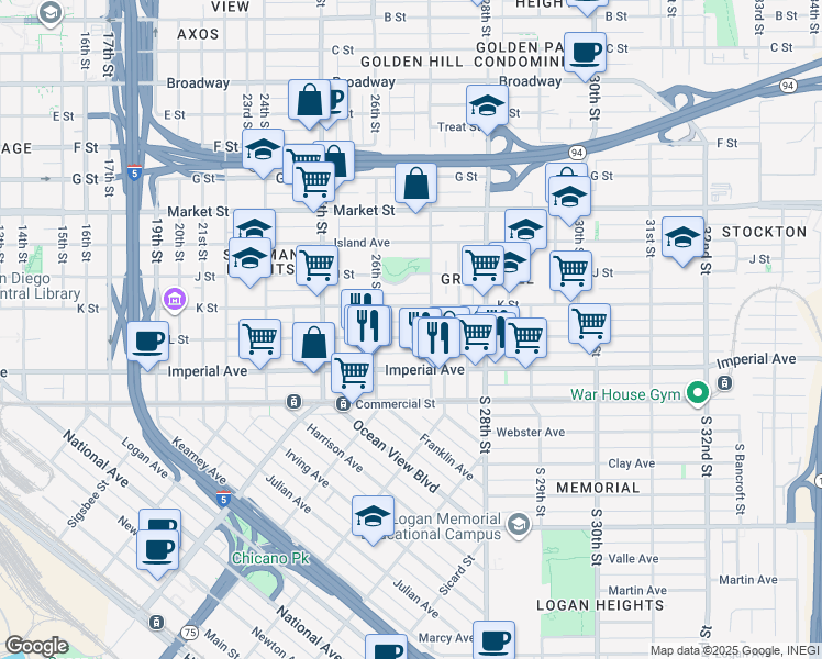 map of restaurants, bars, coffee shops, grocery stores, and more near 2672 L Street in San Diego