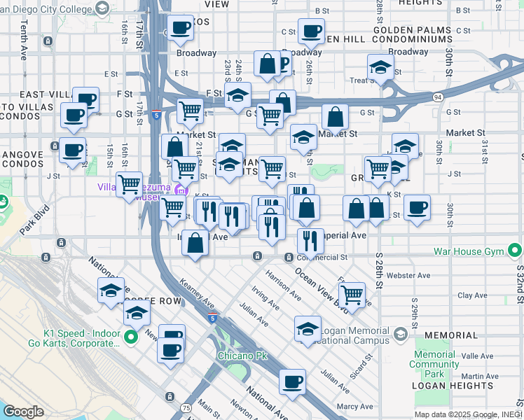 map of restaurants, bars, coffee shops, grocery stores, and more near 2464 L Street in San Diego