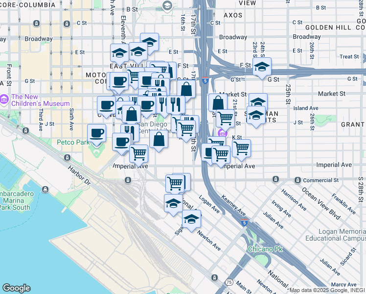 map of restaurants, bars, coffee shops, grocery stores, and more near 14 K Street in San Diego
