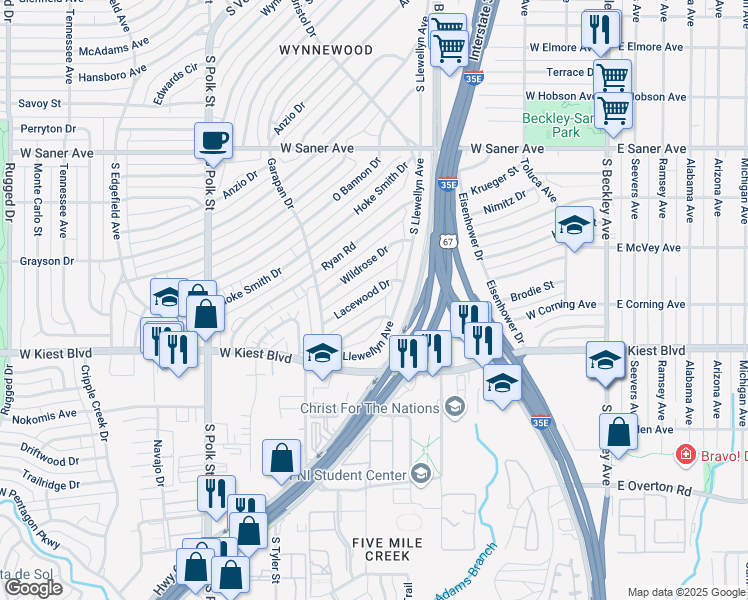 map of restaurants, bars, coffee shops, grocery stores, and more near 3127 South Llewellyn Avenue in Dallas