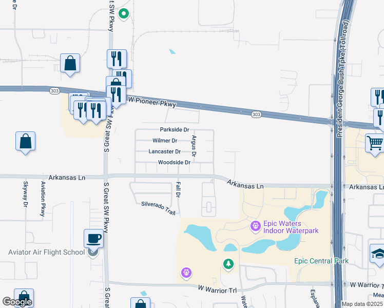 map of restaurants, bars, coffee shops, grocery stores, and more near 2641 Argus Drive in Grand Prairie